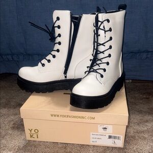 Yoki White and Black Combat Moto Boots with Chunky Sole